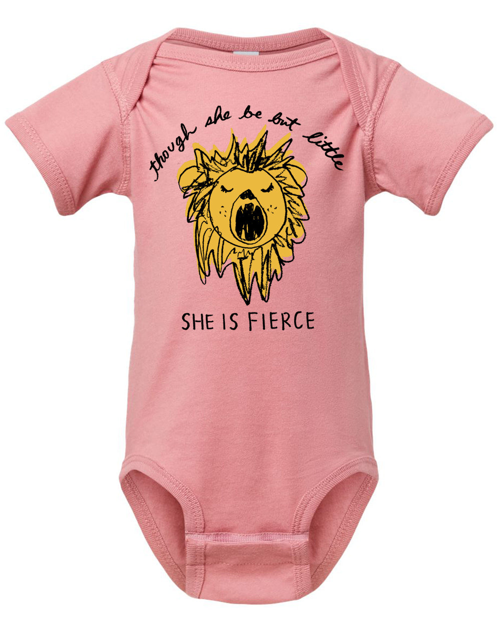 A pink baby onesie with a yellow lion graphic and the text "She is fierce" printed on it.