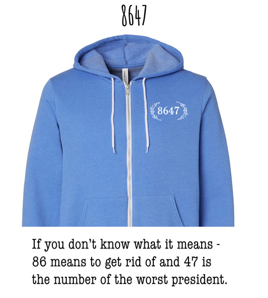 A blue zip-up hoodie with the number "8647" printed on the front.