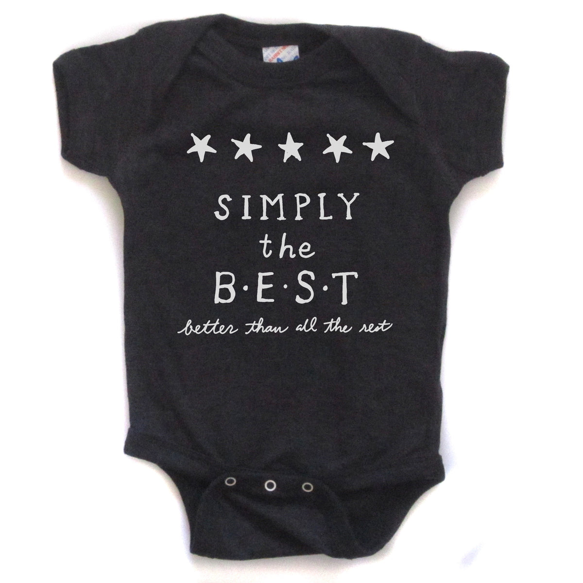 A black baby onesie with white text and stars on it.
