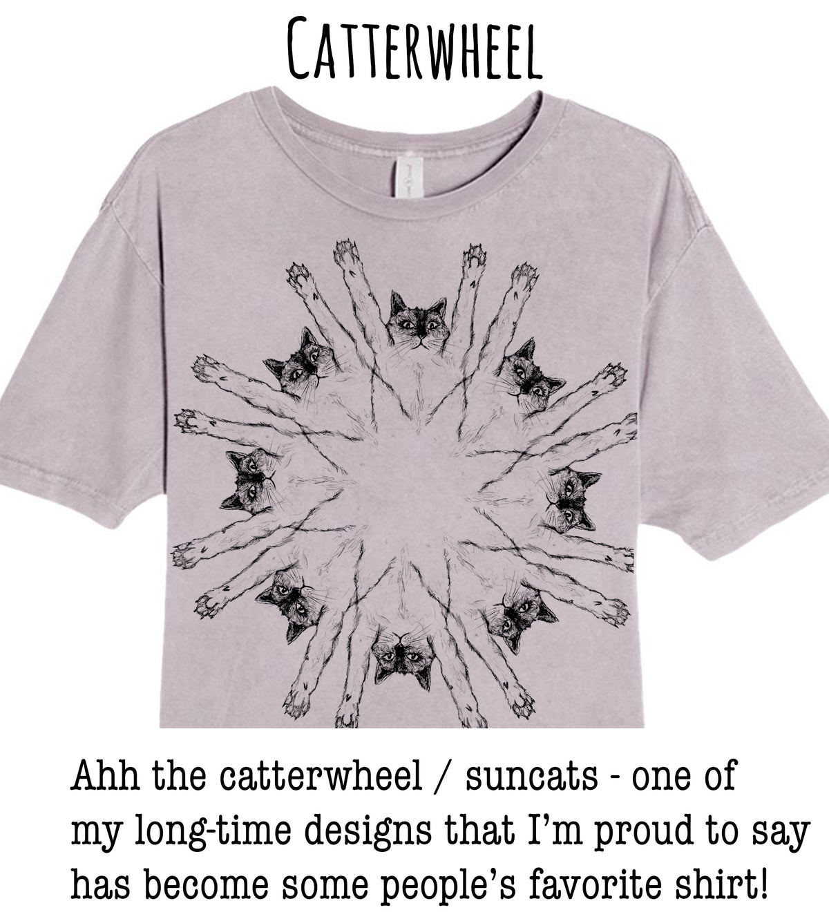A gray t-shirt with a circular design featuring a group of cats with their paws raised in a sunburst pattern.
