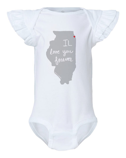 A white baby onesie with a gray outline of the state of Illinois and the text "I love you forever" printed on it.
