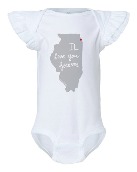 A white baby onesie with a gray outline of the state of Illinois and the text "I love you forever" printed on it.