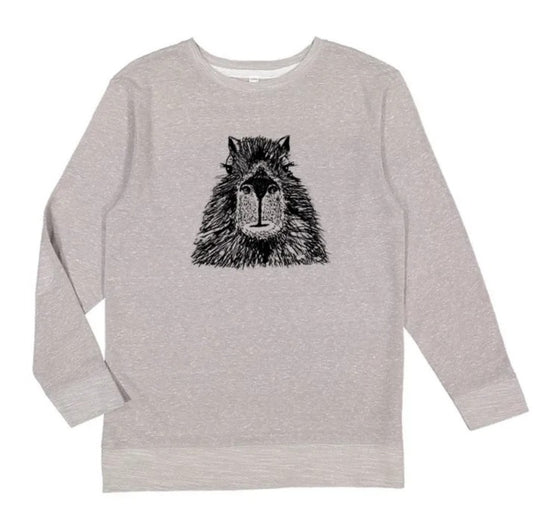 A gray sweatshirt with a black graphic of a lion's head printed on it.