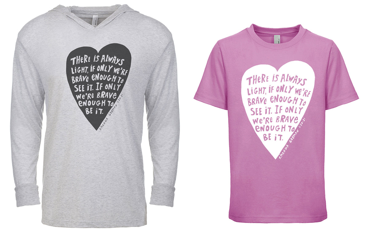two t-shirts with heart-shaped designs and inspirational quotes.