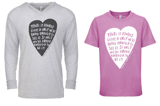 two t-shirts with heart-shaped designs and inspirational quotes.
