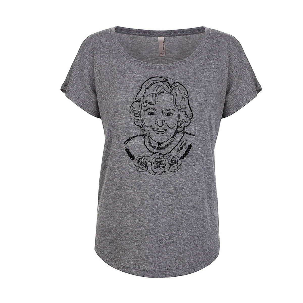 A gray t-shirt with a black and white graphic of a woman's face printed on it.