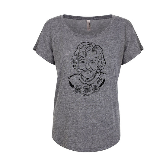 A gray t-shirt with a black and white graphic of a woman's face printed on it.