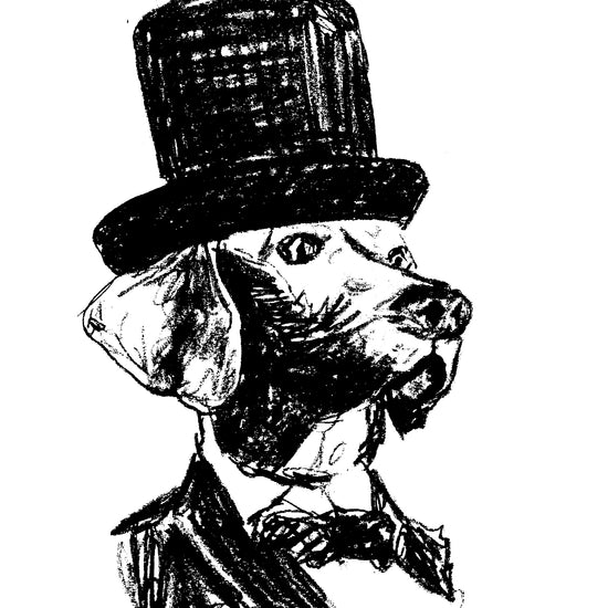 A black and white sketch of a dog wearing a top hat and bow tie.