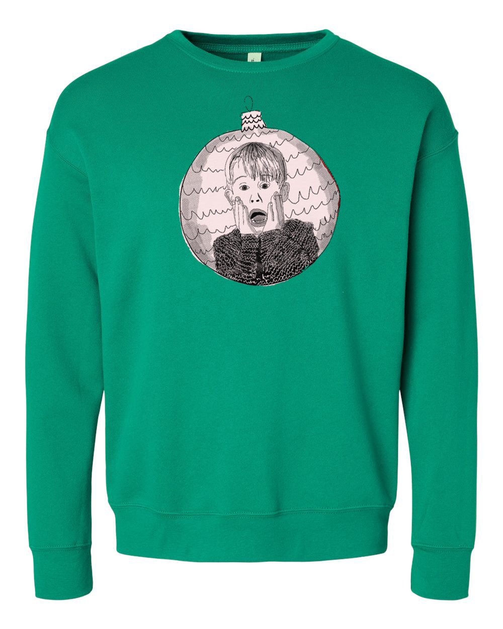 A green sweatshirt with a graphic design depicting a person with a surprised expression.