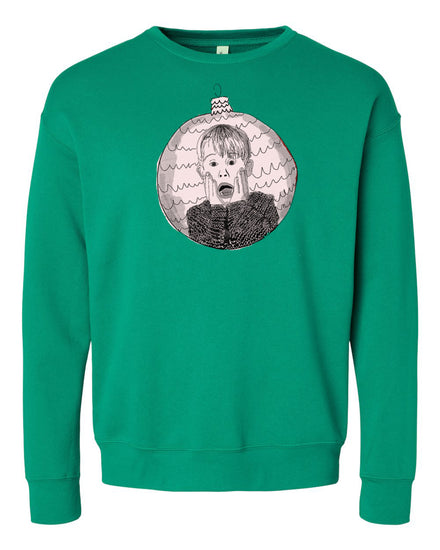 A green sweatshirt with a graphic design depicting a person with a surprised expression.