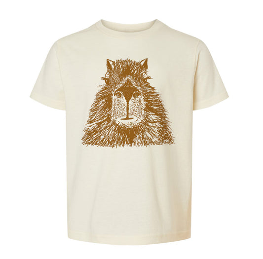 A white t-shirt with a brown graphic of a furry animal's face printed on it.