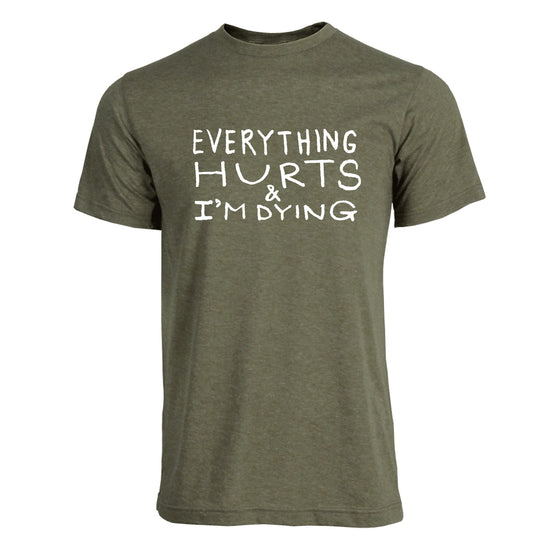 A green t-shirt with white text printed on it.