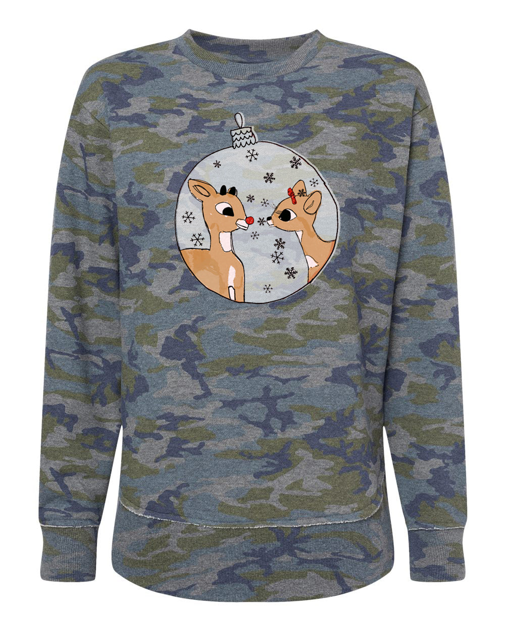 A camo-patterned sweatshirt with a graphic of two cartoon reindeer inside a snow globe.