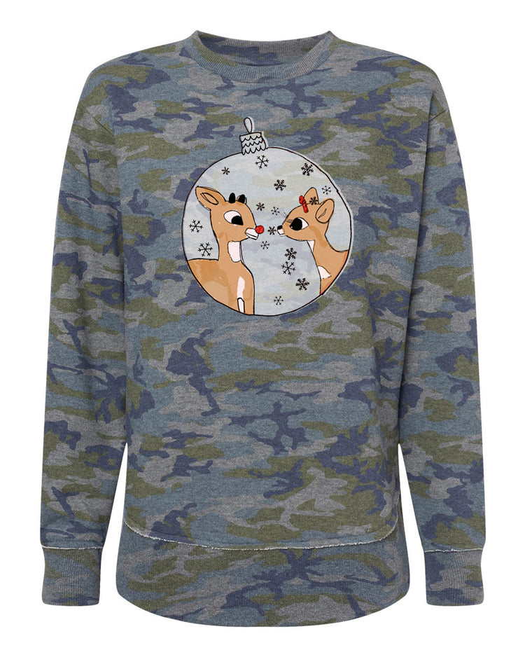 A camo-patterned sweatshirt with a graphic of two cartoon reindeer inside a snow globe.
