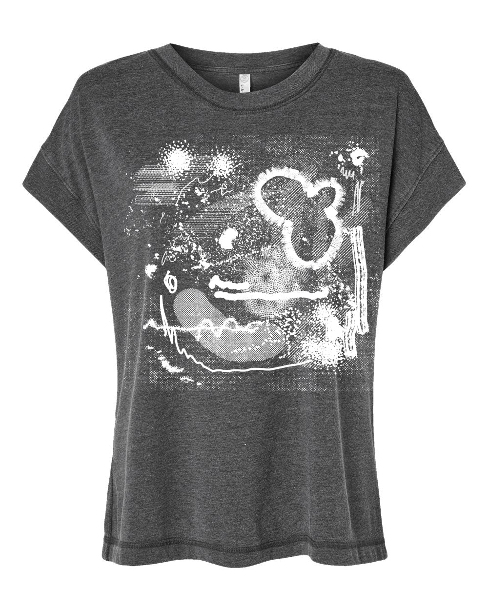 The image is a gray t-shirt with a white abstract design featuring various shapes and patterns.