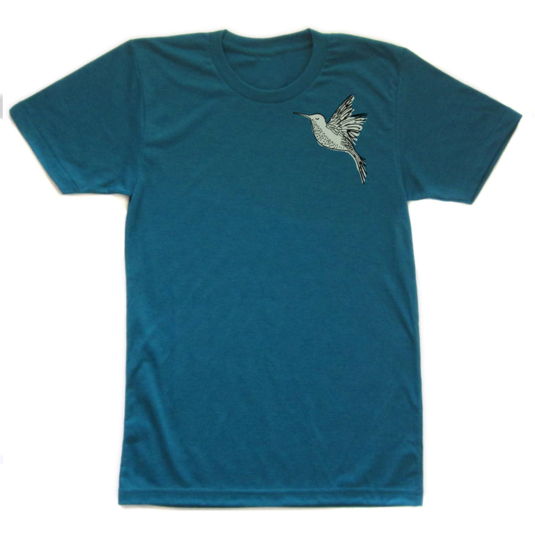 A teal-colored t-shirt with a small, detailed embroidered hummingbird design on the left side.