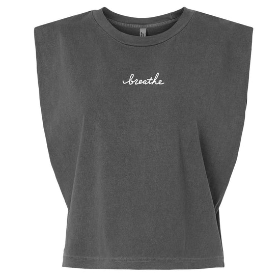 A gray crop top with the word "breathe" printed in white on the front.