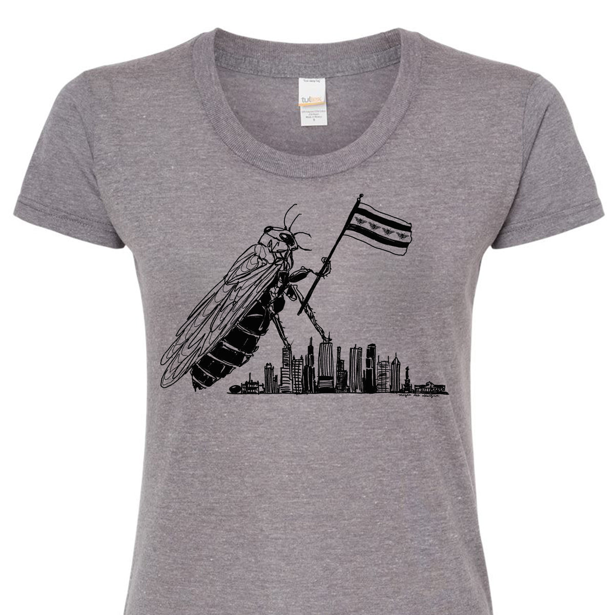 A gray t-shirt with a graphic design depicting a large insect holding a flag, with a city skyline in the background.