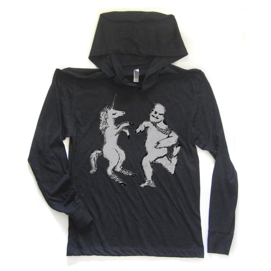 A black hoodie with a graphic design depicting a unicorn and a skeleton dancing together.