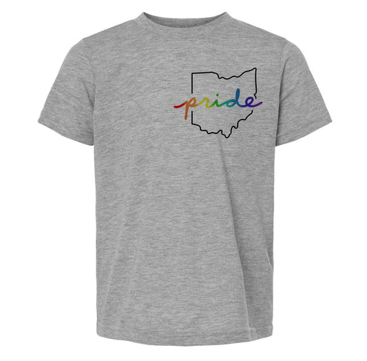A gray t-shirt with a graphic design on the front, featuring a graphic of the Ohio state outline and the word "pride" written in a rainbow color scheme.