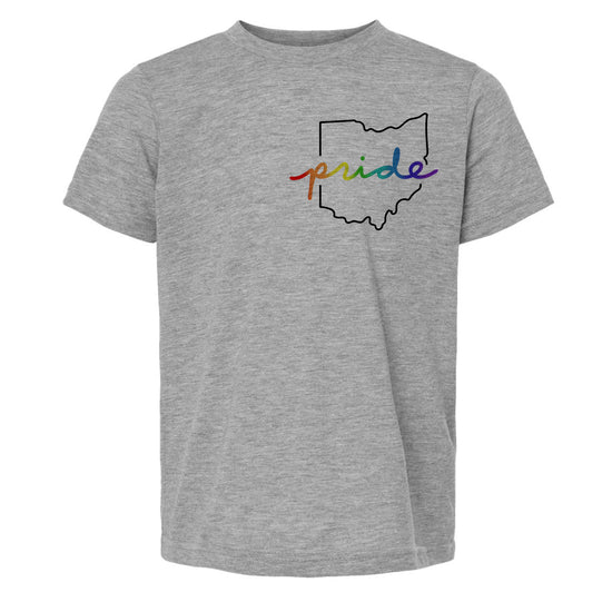 A gray t-shirt with a graphic design on the front, featuring a graphic of the Ohio state outline and the word "pride" written in a rainbow color scheme.