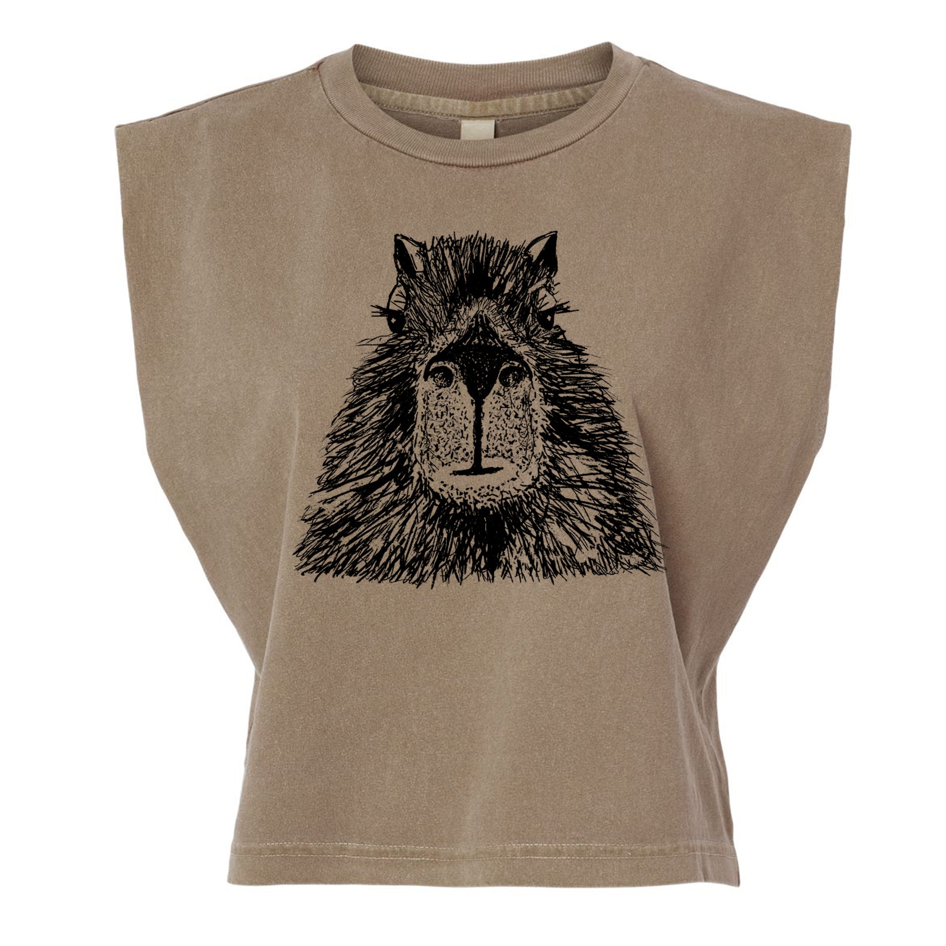 A beige t-shirt with a black graphic of a lion's head printed on it.
