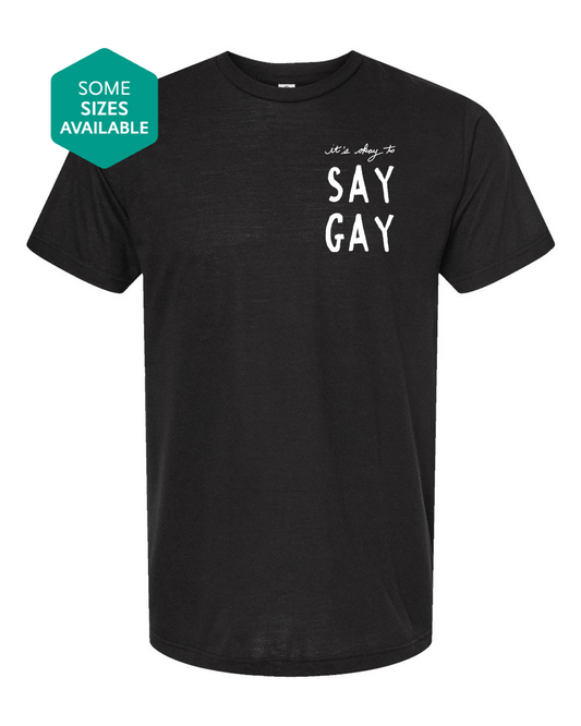 a black t - shirt that says say gay