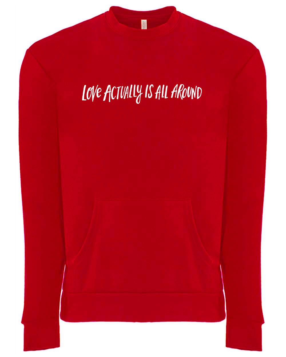A red long-sleeved sweatshirt with the text "Love actually is all around" printed on it.
