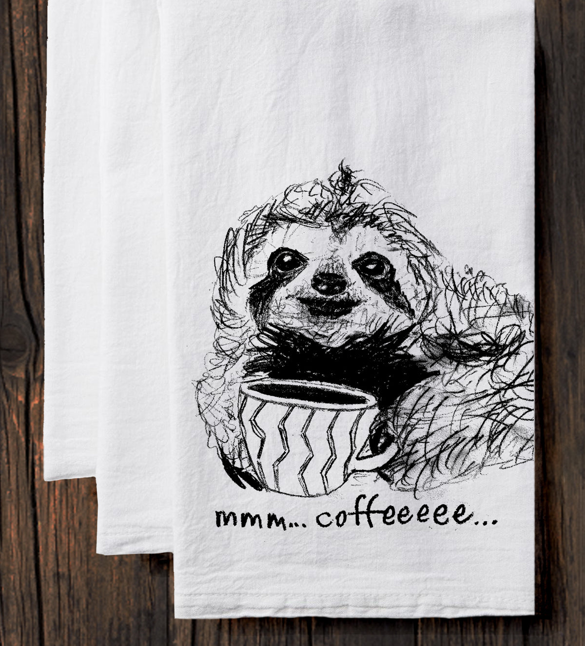 A black and white illustration of a sloth holding a coffee mug with the text "mmm...coffeeee..."