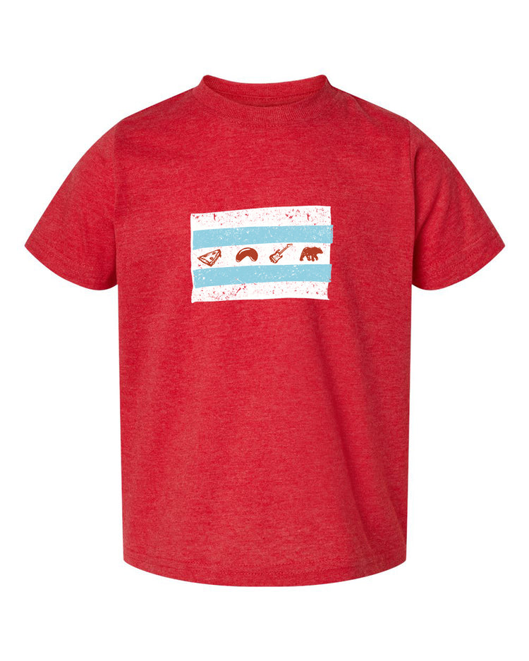A red t-shirt with a graphic design featuring a blue and white flag with various symbols, including a bear, a guitar, and a bird.