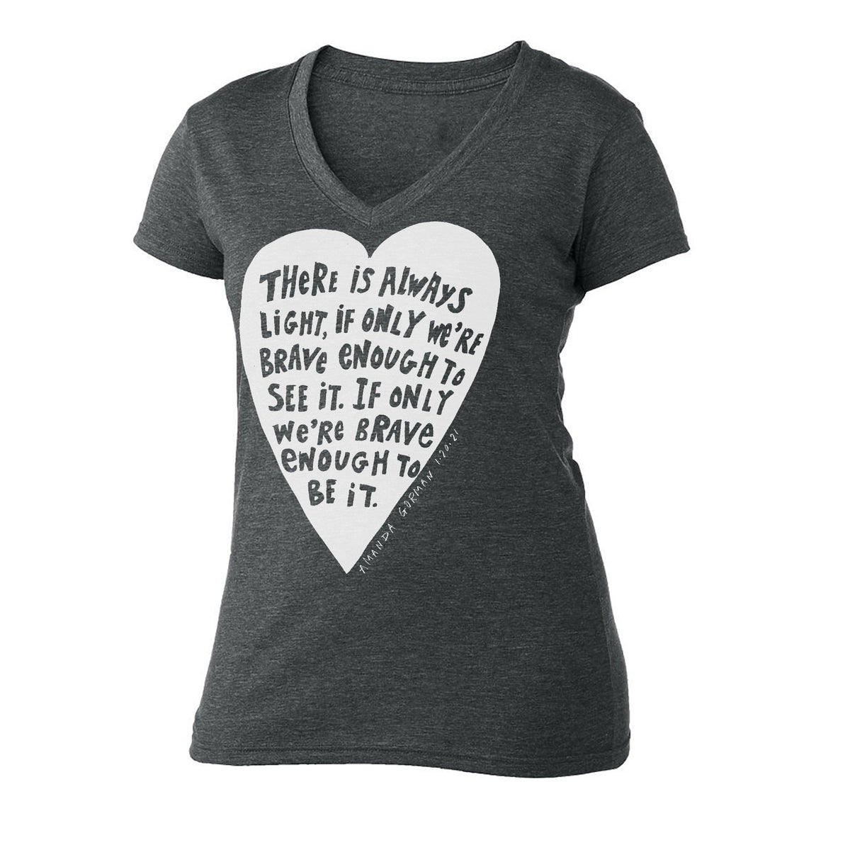 The image is a gray t-shirt with a white heart-shaped graphic and text printed on it.