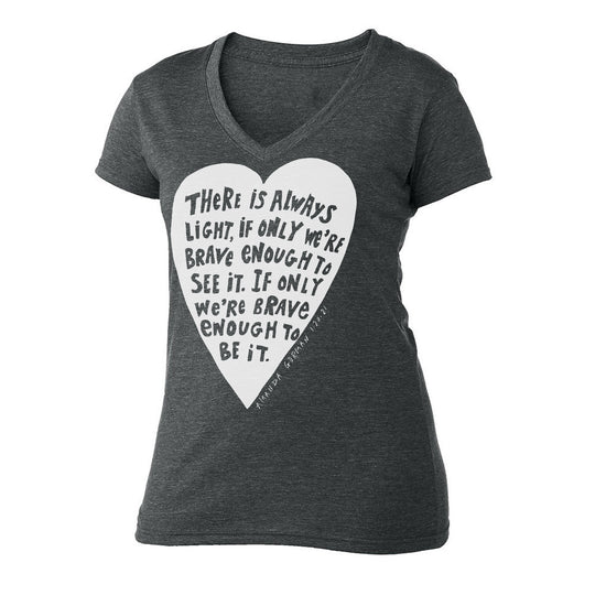 The image is a gray t-shirt with a white heart-shaped graphic and text printed on it.