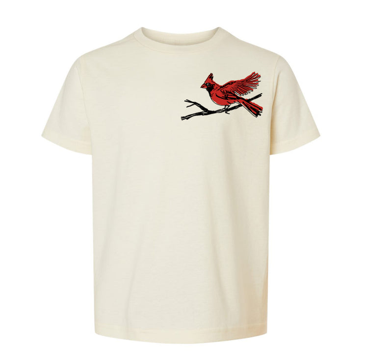 A white t-shirt with a red cardinal bird perched on a branch.