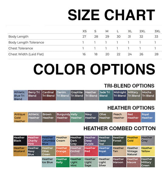 The image is a size chart for a clothing item, displaying the different sizes available and their corresponding measurements. It also includes color options and Heather options, providing a variety of choices for customers.