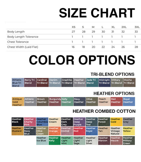 The image is a size chart for a clothing item, displaying the different sizes available and their corresponding measurements. It also includes color options and Heather options, providing a variety of choices for customers.