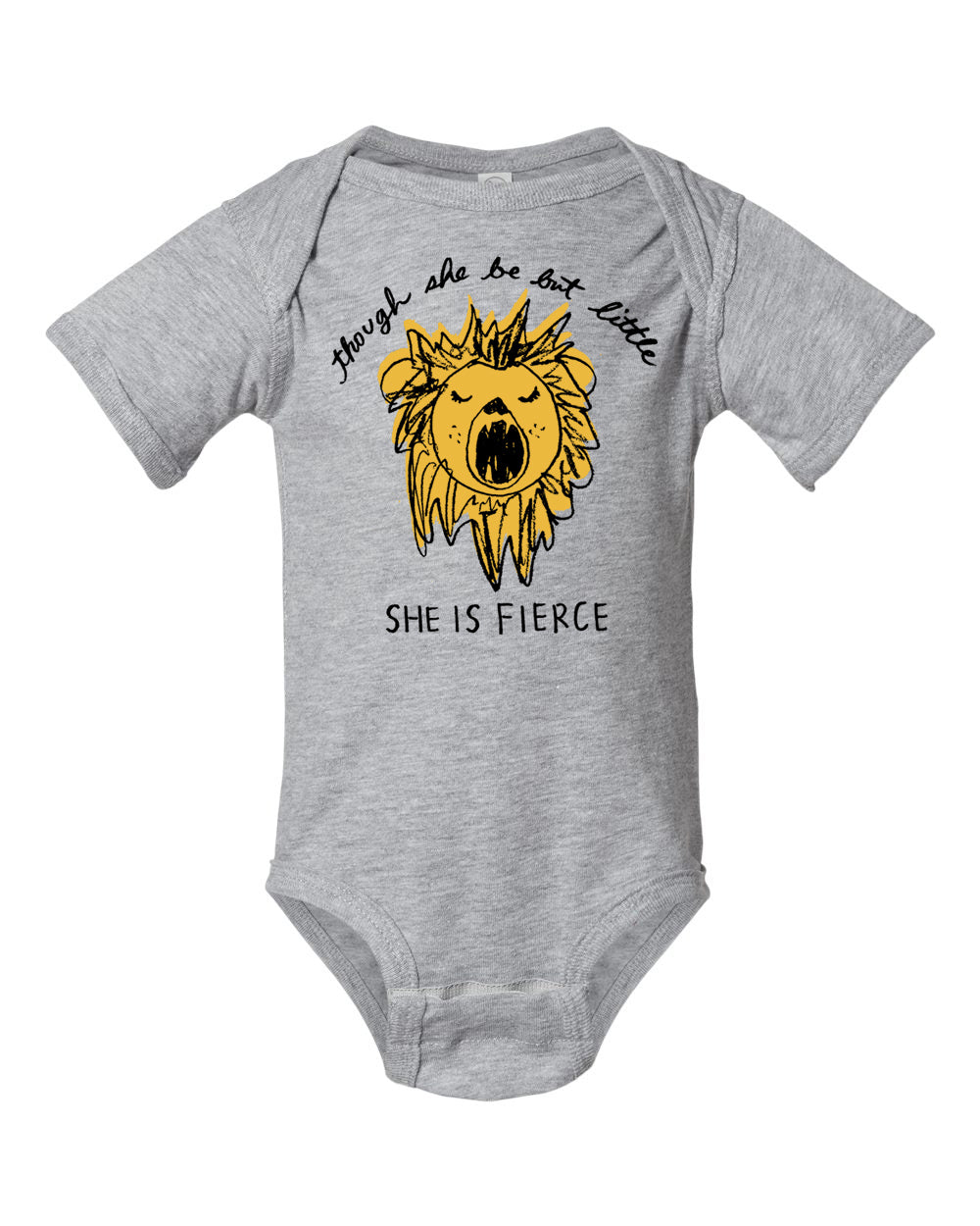 A grey onesie with a yellow lion graphic and the text "She is fierce" printed on it.