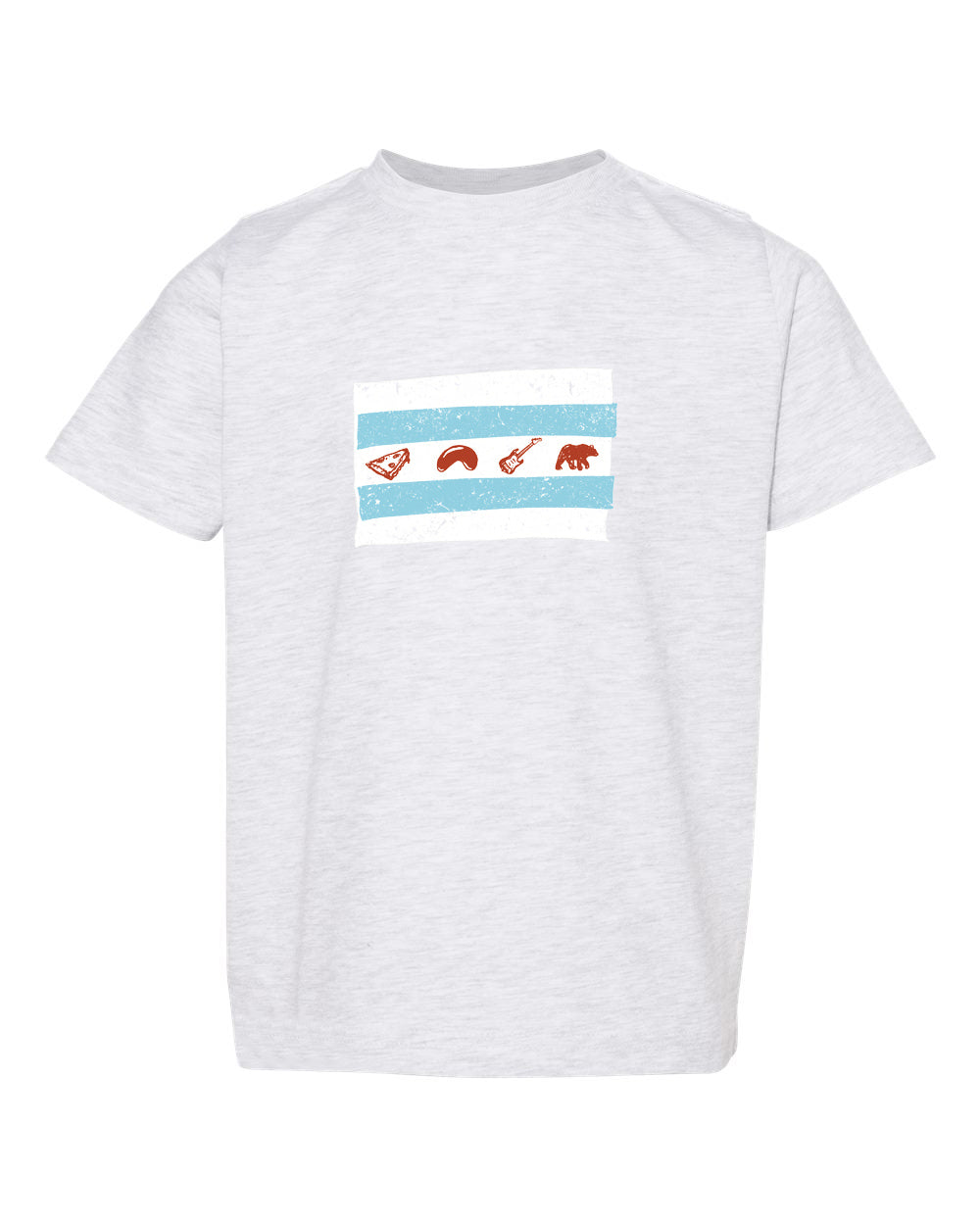 A white t-shirt with a graphic design featuring a blue stripe with three icons, including a guitar, a bear, and a bird.