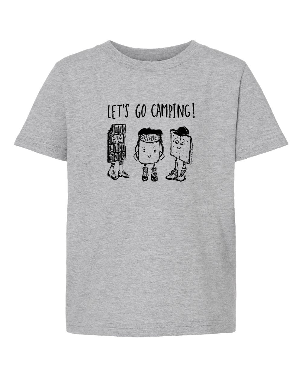 A gray t-shirt with a graphic design featuring three cartoon-like figures and the text "LET'S GO CAMPING!"