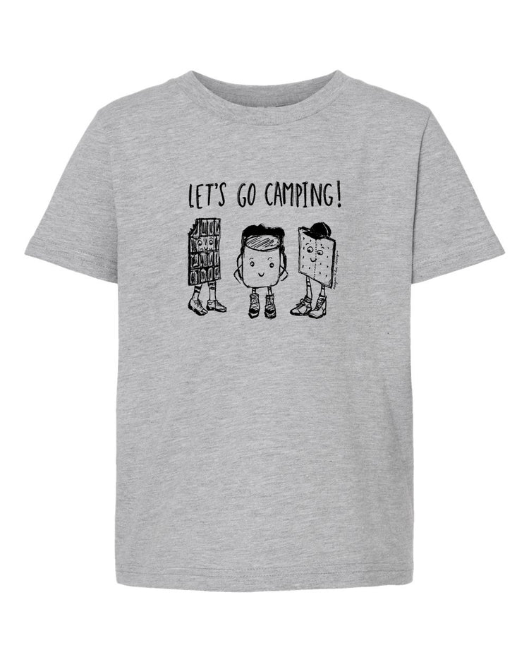 A gray t-shirt with a graphic design featuring three cartoon-like figures and the text "LET'S GO CAMPING!"