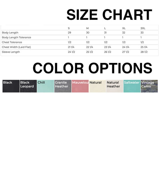 the size chart for the color options