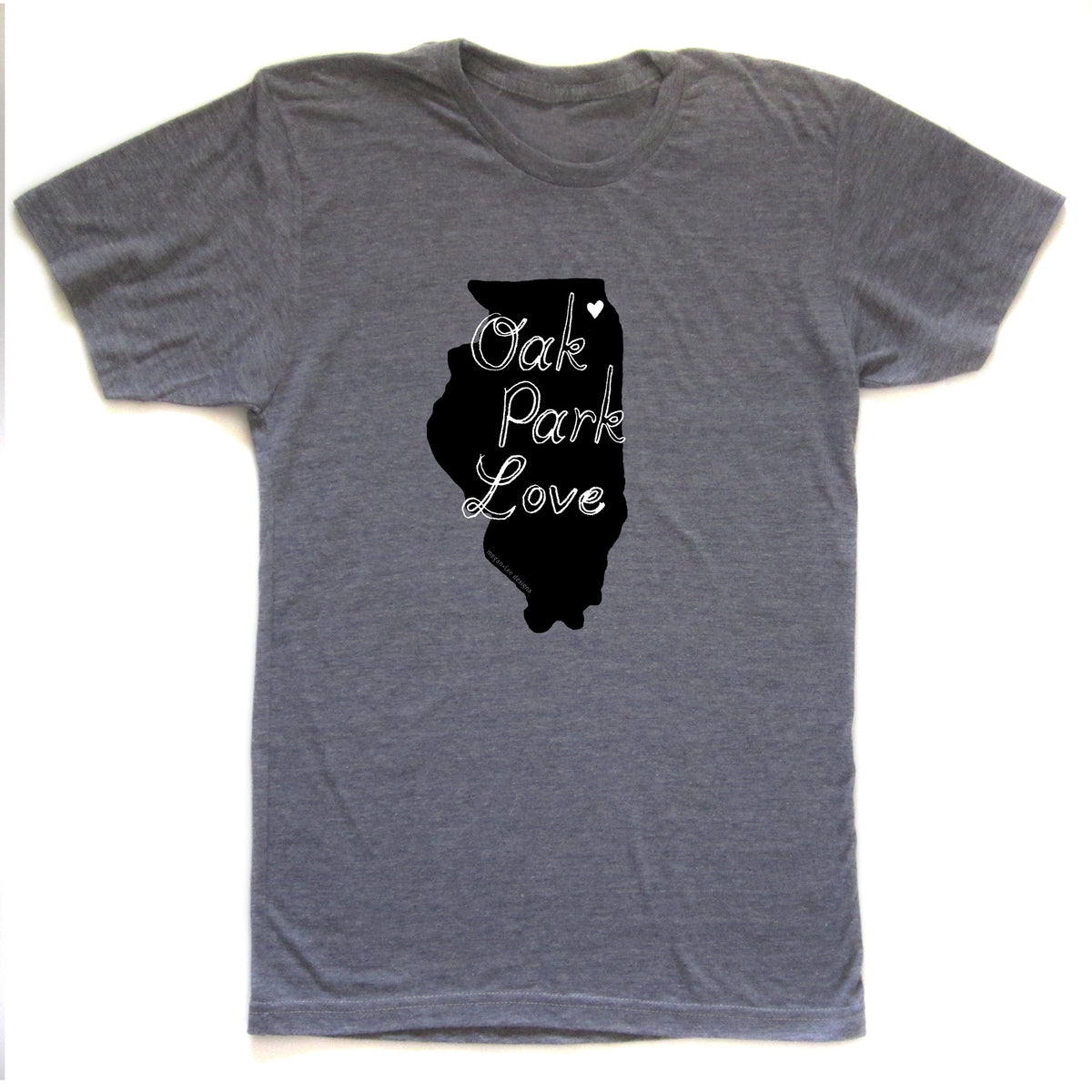 A gray t-shirt with a graphic design featuring a silhouette of a state and the text "OAK PARK LOVE" printed on it.