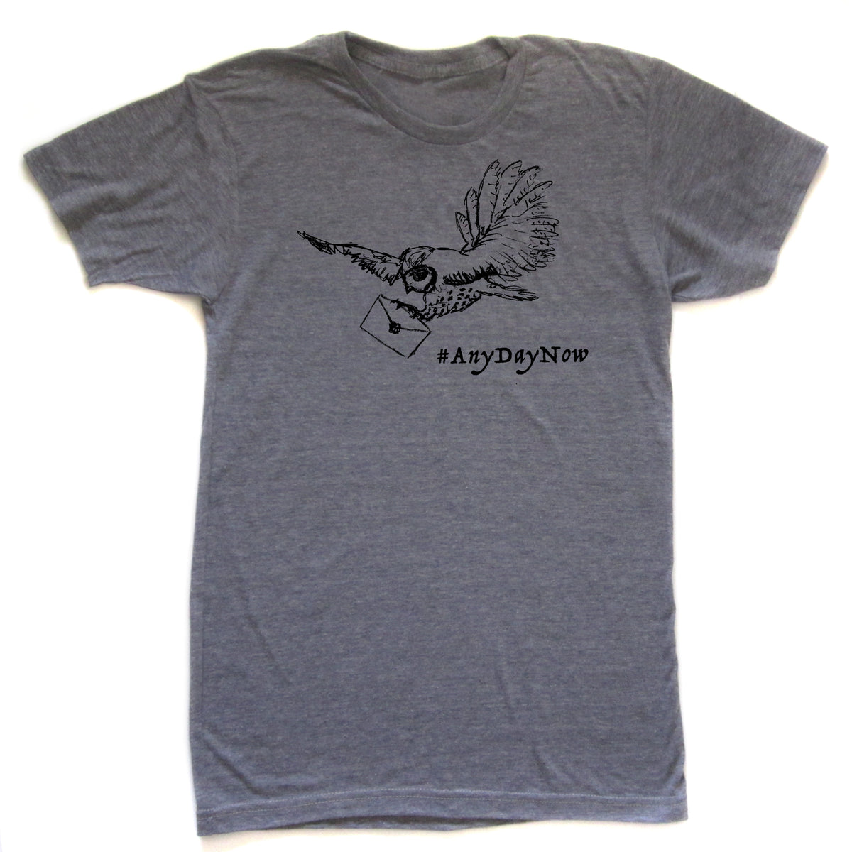 A gray t-shirt with a graphic design depicting a bird carrying an envelope, accompanied by the text "#AnyDayNow".