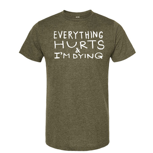 A dark green t-shirt with white text printed on it.