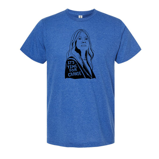 A blue t-shirt with a graphic design depicting a woman's face and the text "IT'S TIME FOR CHANGE" printed on it.