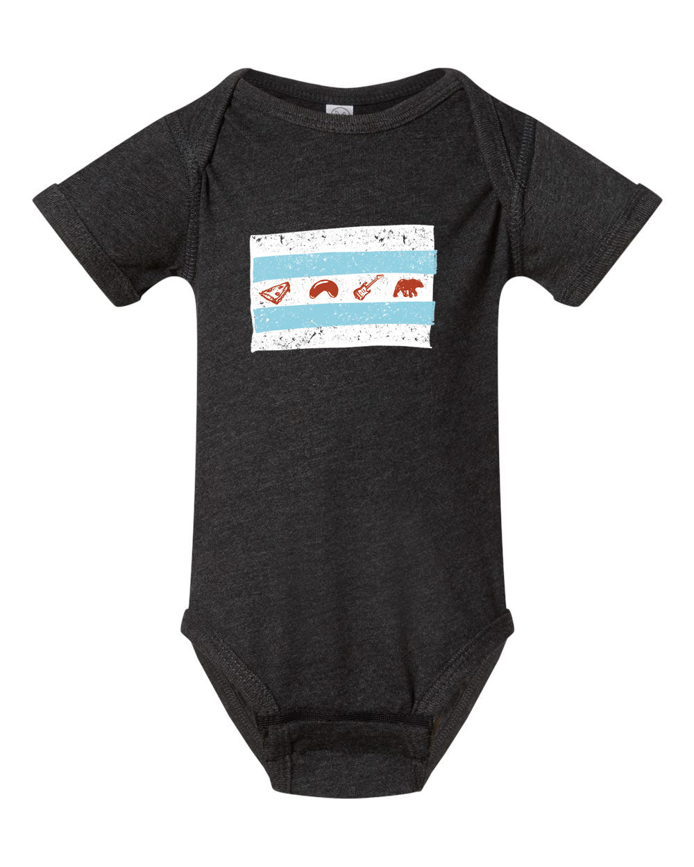 A black baby onesie with a graphic design on the front, depicting a flag with various symbols.