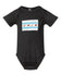 A black baby onesie with a graphic design on the front, depicting a flag with various symbols.