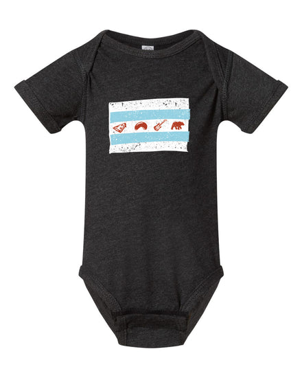 A black baby onesie with a graphic design on the front, depicting a flag with various symbols.
