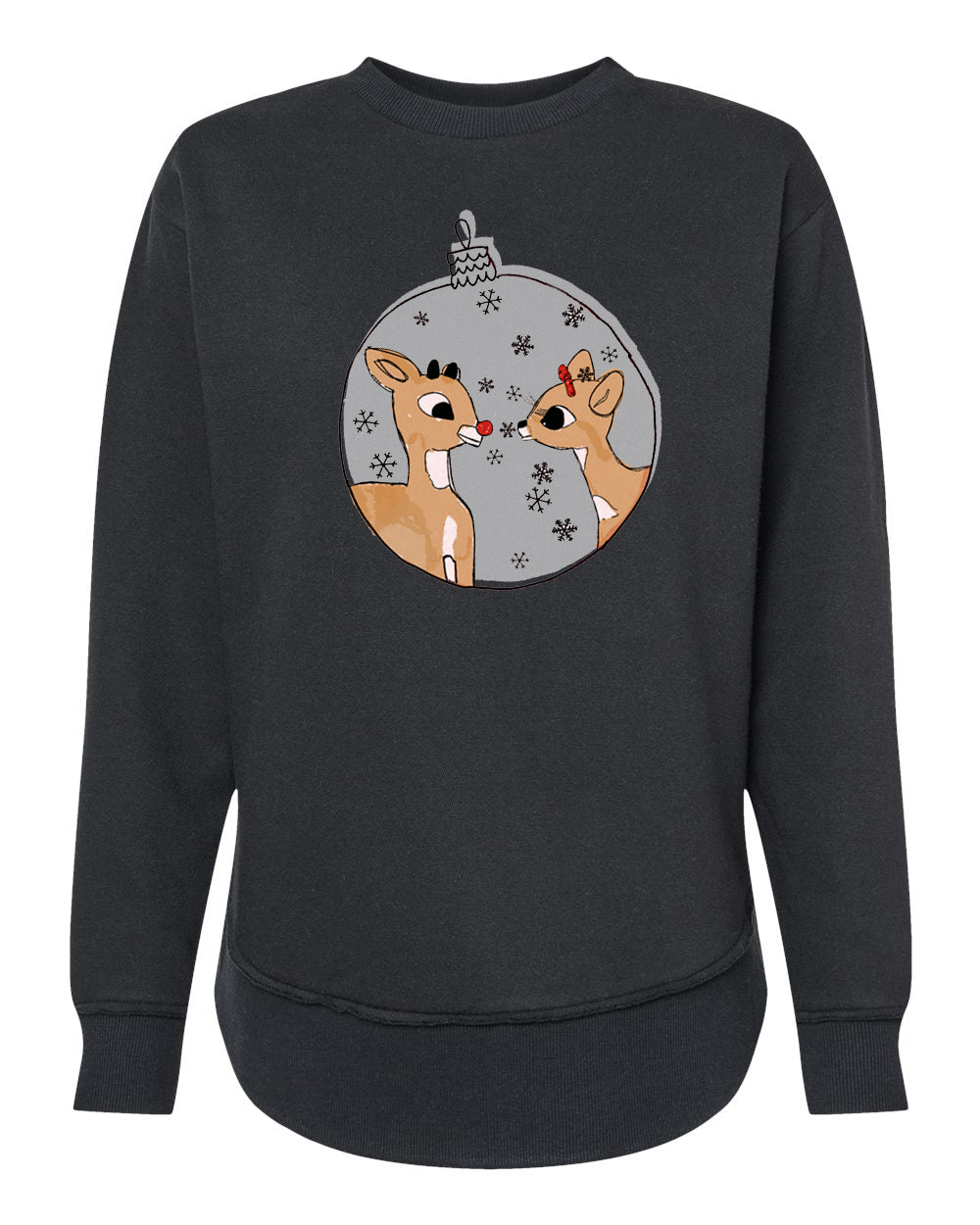 A black sweatshirt with a graphic design featuring two cartoon reindeer inside a snow globe.