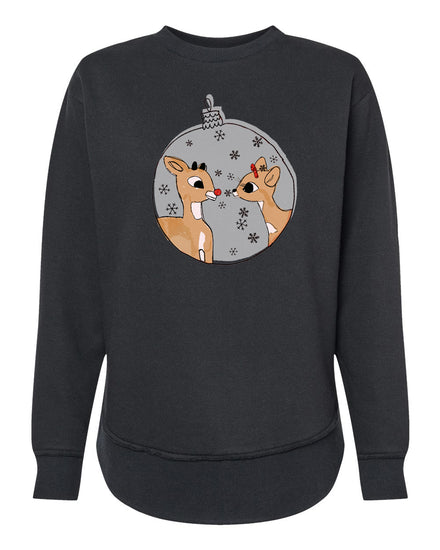 A black sweatshirt with a graphic design featuring two cartoon reindeer inside a snow globe.