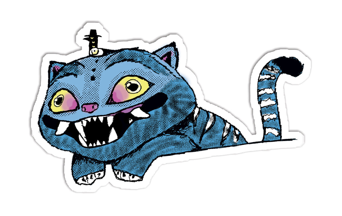 A cartoon-style illustration of a blue cat with a large, open mouth and exaggerated features, such as large eyes and a pointy hat.